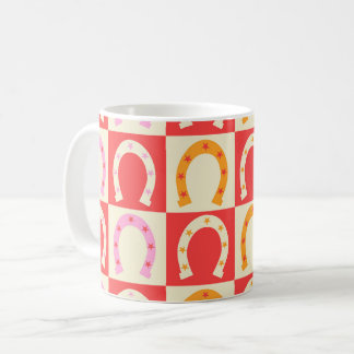 Checkered Retro Horseshoe in Orange red and Pink  Koffiemok