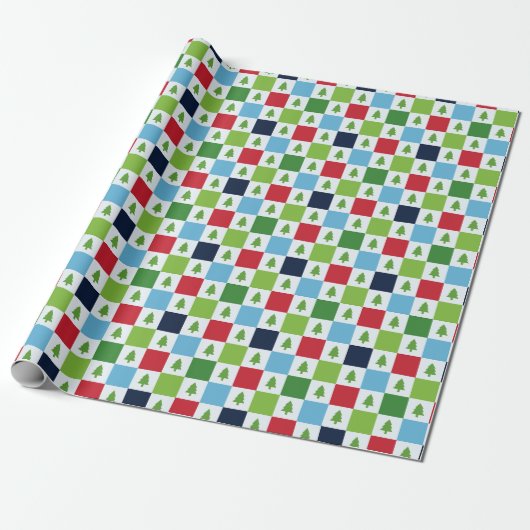 Checkers kerstboom patroon - rood, groen, blauw cadeaupapier (Uitgerold)