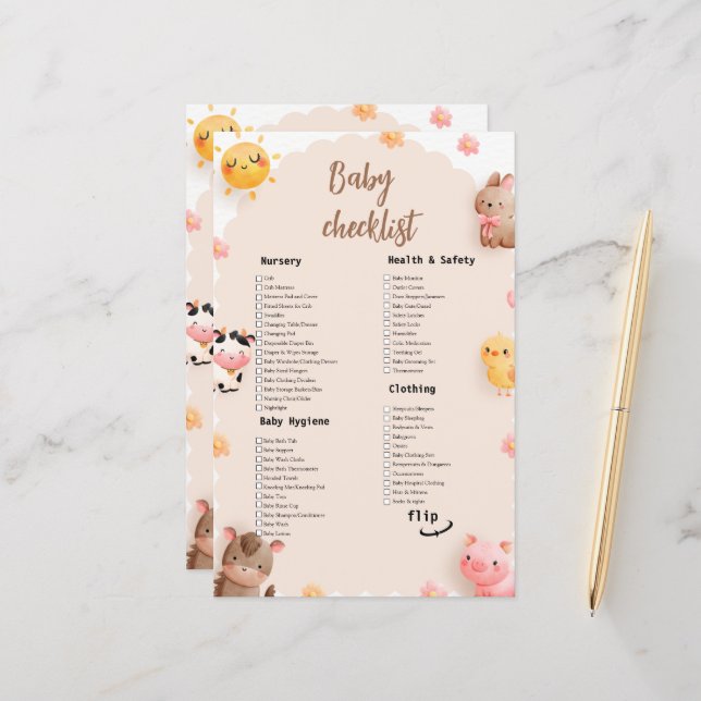 Checklist voor het Baby shower van Schattigee land (Voorkant / Achterkant in situ)