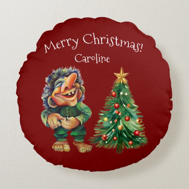 Cheeky Christmas Troll en Tree Delight Rond Kussen (Voorkant)
