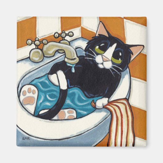 Cheeky kat baden in gootsteen illustratie magneet (Voorkant)