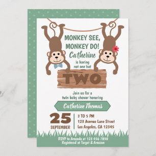 Cheeky Monkey Boy & Girl Twins Baby shower Kaart