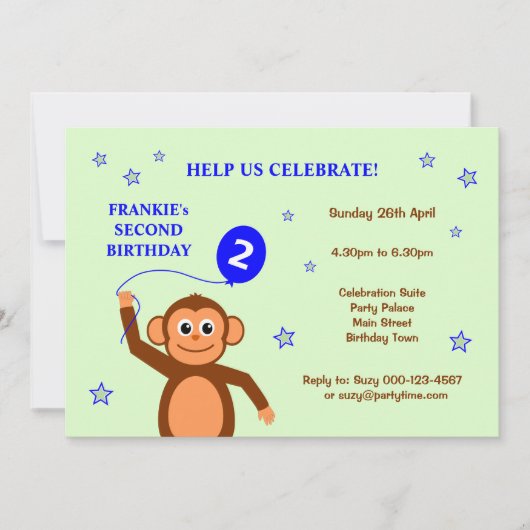 Cheeky monkey tweede verjaardagsfeest uitnodiging (Voorkant)