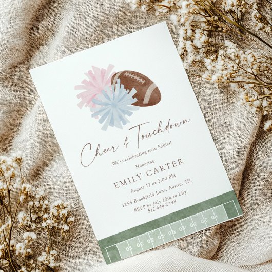 Cheer and Touchdown Twin Baby Shower Kaart