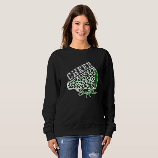 Cheer CAPTAIN Leopard Cheetah Megaphone Green Tren Trui (Voorkant volledig)