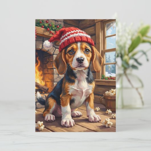 Cheerful Beagle Puppy in Stocking Cap Cozy Feestdagenkaart (Staand voorkant)