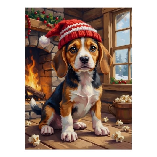 Cheerful Beagle Puppy in Stocking Cap Cozy Perfect Poster (Voorkant)