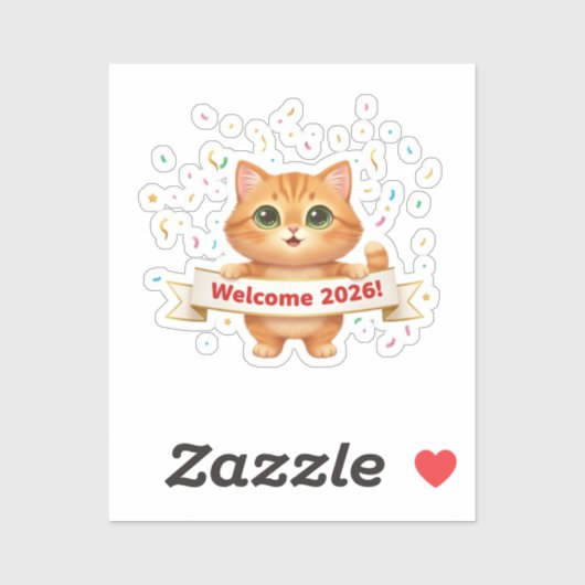 Cheerful Cat with New Year Banner Welcome 2026 Sticker (Vel)