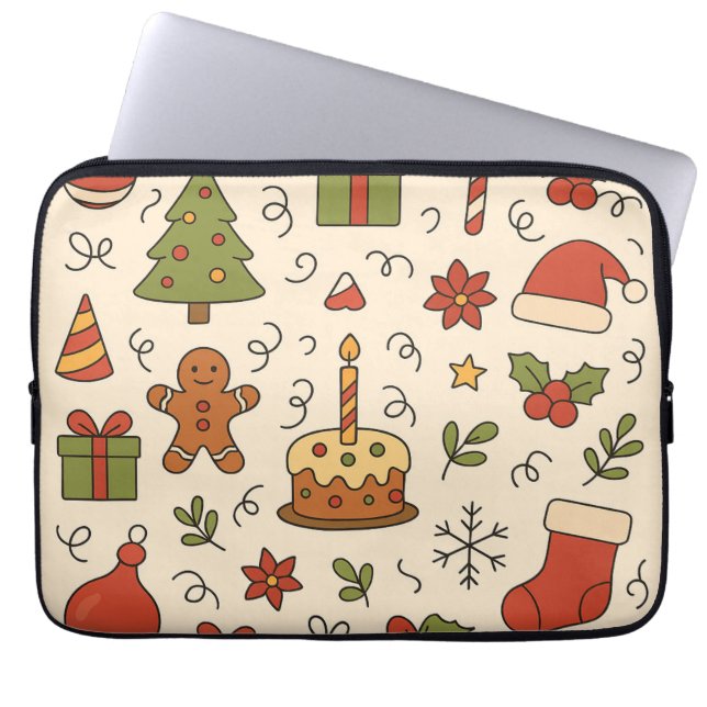 Cheerful Christmas Doodle Pattern Laptop Sleeve (Voorkant)
