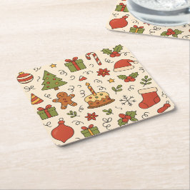 Cheerful Christmas Doodle Pattern Vierkante Kartonnen Onderzetter