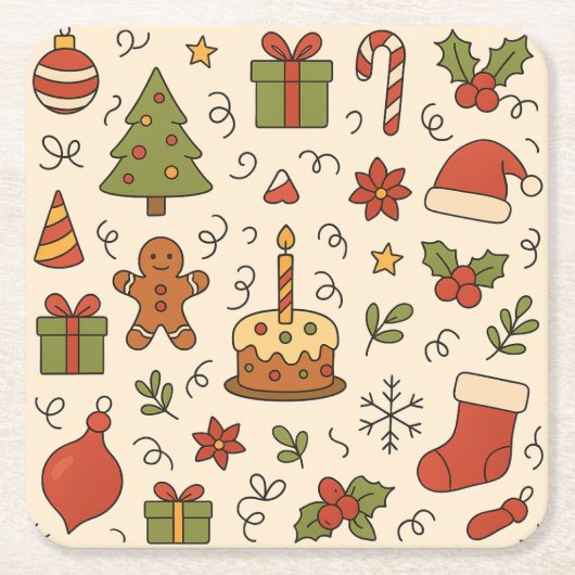 Cheerful Christmas Doodle Pattern Vierkante Kartonnen Onderzetter (Voorkant)