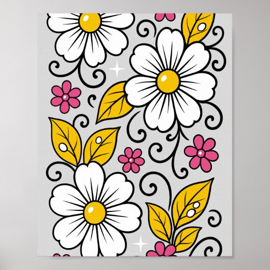 Cheerful Floral Pattern with Bold Outlines Poster (Voorkant)
