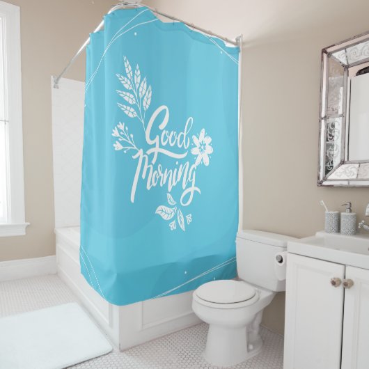 Cheerful Good Morning Typografie Bright Blue Douchegordijn (In situ)