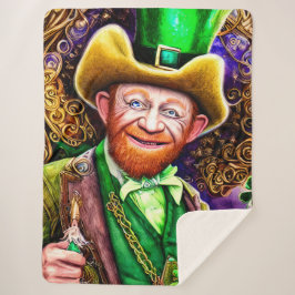 Cheerful Green Leprechaun met Shamrock Pipes Sherpa Deken