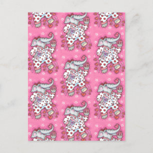 CHEERFUL PACHYDERM IN PINK PAJAMAS, HEART CUPCAKE FEESTDAGENKAART
