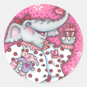 CHEERFUL PACHYDERM IN PINK PAJAMAS, HEART CUPCAKE RONDE STICKER
