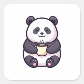 Cheerful Panda with Tea – Cute Whimsical Illustrat Vierkante Sticker (Voorkant)