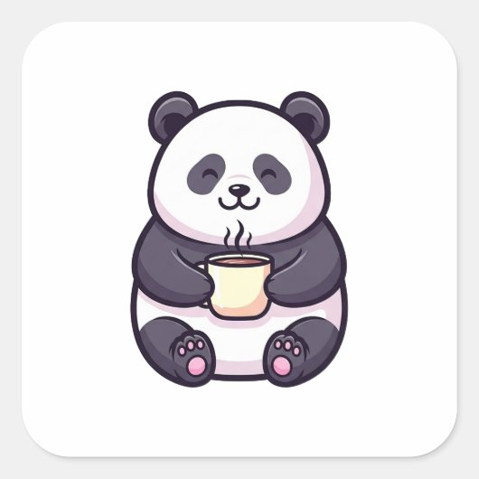 Cheerful Panda with Tea – Cute Whimsical Illustrat Vierkante Sticker (Voorkant)