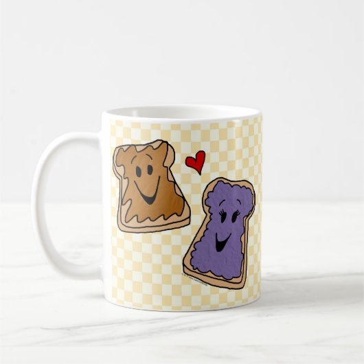 Cheerful Peanut Butter en Jelly Cartoon Friends Koffiemok (Links)
