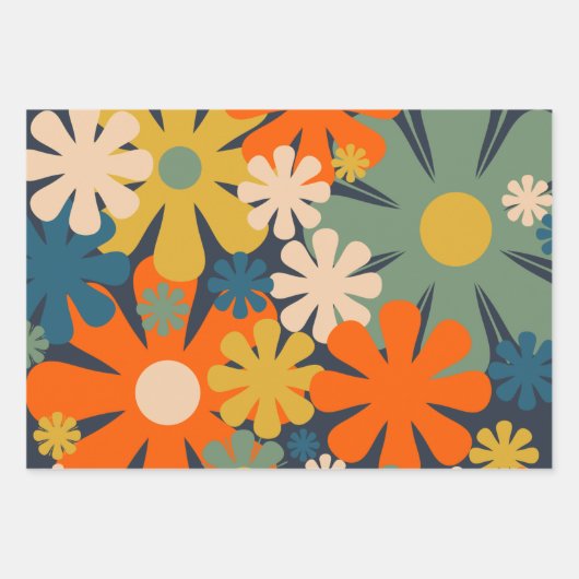 Cheerful Retro 60s 70s Flowers Floral Pattern Inpakpapier Vel (Voorkant 3)
