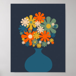 Cheerful Retro Flowers in een Blue Vase Poster