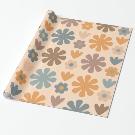 Cheerful Rustic Retro Scandinavian Floral Pattern Cadeaupapier (Uitgerold)
