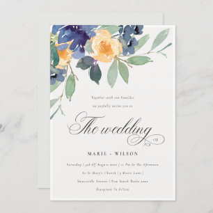 Cheerful Rustic Yellow Blue Floral Wedding Invite Bedankkaart