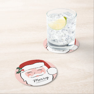 Cheerful Santa Face Vrolijk kerstfeest Ronde Kartonnen Onderzetter
