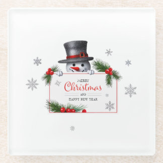Cheerful Snowman Christmas New Year Greetings Glazen Onderzetter