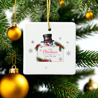 Cheerful Snowman Christmas New Year Greetings Keramisch Ornament