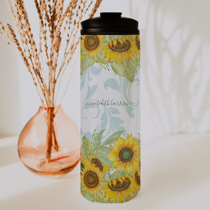 Cheerful Summer Sunflower & Paisley   Monogram Thermosbeker