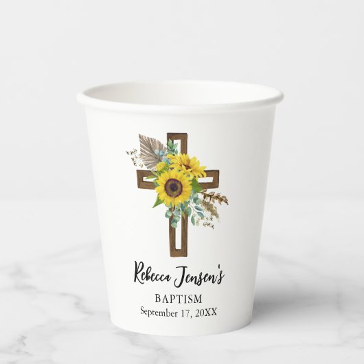 Cheerful Sunflower Rustic Boho Dark Wooden Cross Papieren Bekers (Voorkant)