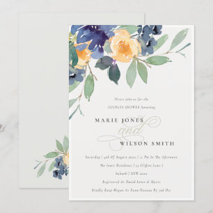 Cheerful Yellow Blue Floral Couples Shower Invite Bedankkaart