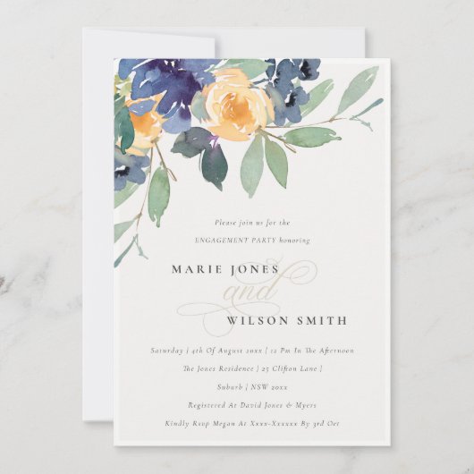 Cheerful Yellow Blue Floral Verloving Invite Bedankkaart (Voorkant)