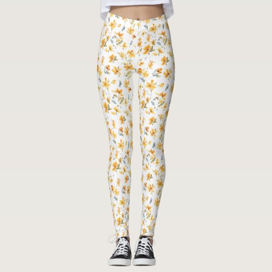Cheerful Yellow Floral Waterverf Leggings (Voorkant)