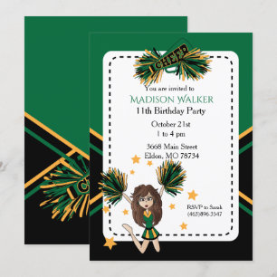 Cheerleader Birthday Party in Dark Green & Gold Kaart