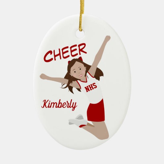 Cheerleader Brunette Red & White Keramisch Ornament (Voorkant)