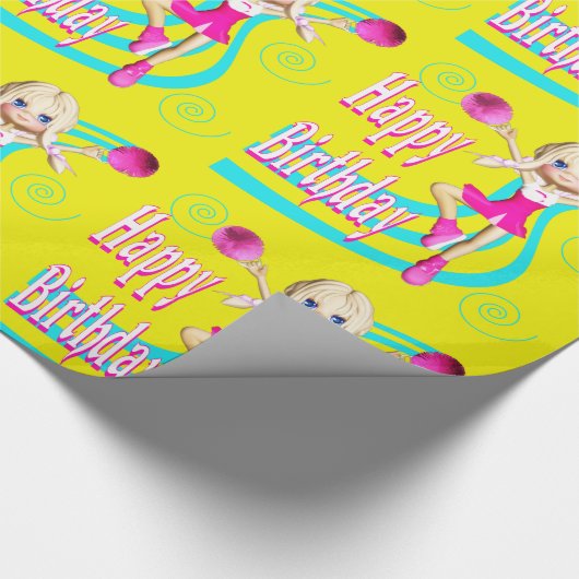Cheerleader Gelukkige Verjaardag op Helder Geel Cadeaupapier (Hoek)