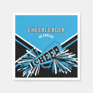 Cheerleader in babyblauw, wit en zwart servet
