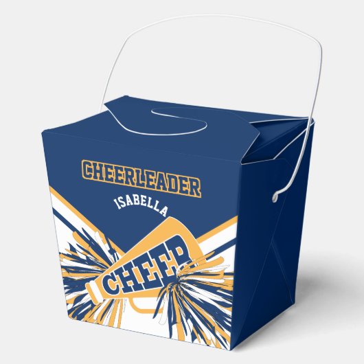 Cheerleader in blauw, wit en goud bedankdoosjes (Voorkant)