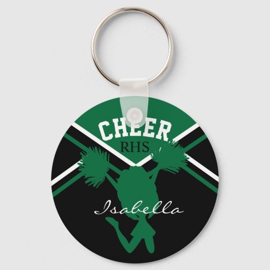Cheerleader in donkergroen, wit en zwart sleutelhanger (Voorkant)