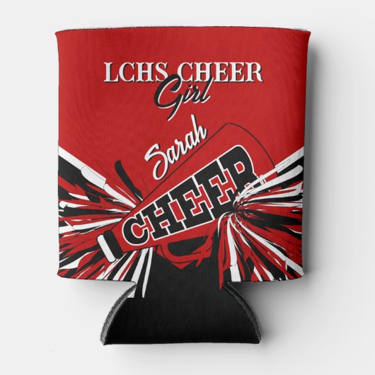 Cheerleader in rood, wit en zwart blikjeskoeler (Voorkant)
