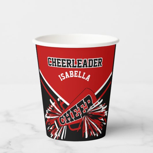 Cheerleader in rood, zwart en wit papieren bekers (Voorkant)