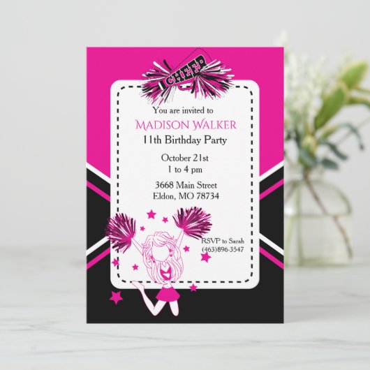 Cheerleader Verjaardagsfeestje Heet Roze, Zwart, W Kaart (Staand voorkant)