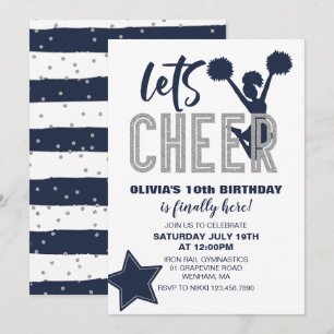 Cheerleading Navy en Zilver Cheer Verjaardag Kaart