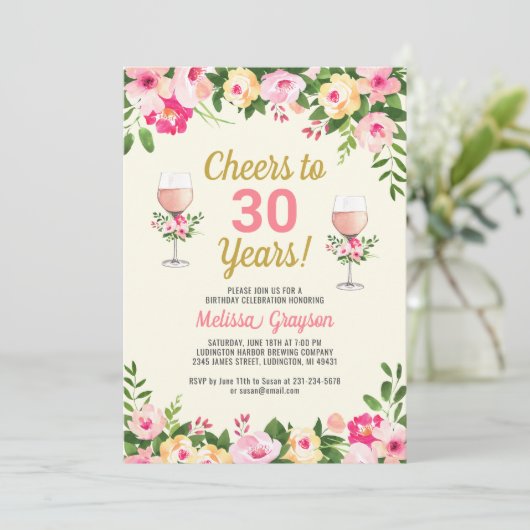 Cheers 30th Birthday Invitation Floral Kaart (Staand voorkant)