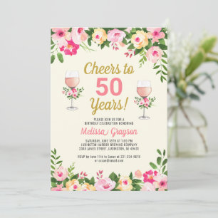 Cheers 50th Birthday Invitation Feminine Floral Kaart