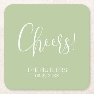 Cheers! Aangepaste Sage Groene Bruiloft Papier Ond Vierkante Kartonnen Onderzetter