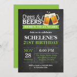 Cheers and Beers 21e Anniversaire Carte d'invitati<br><div class="desc">Cheers and Beers 21st Birthday Invitation Card. Anniversaire adulte. Vert. 16ème 18ème 20ème 30ème 40ème 50ème 60ème 70ème 80ème 90ème 100ème. N'Importe Quel Âge. Pour plus de personnalisation,  cliquez sur le bouton "Customiser" et utilisez notre outil de conception pour modifier ce modèle.</div>