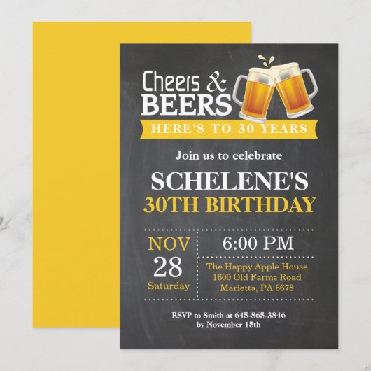 Cheers and Beers 30th Birthday Invitation Card Kaart (Voorkant / Achterkant)